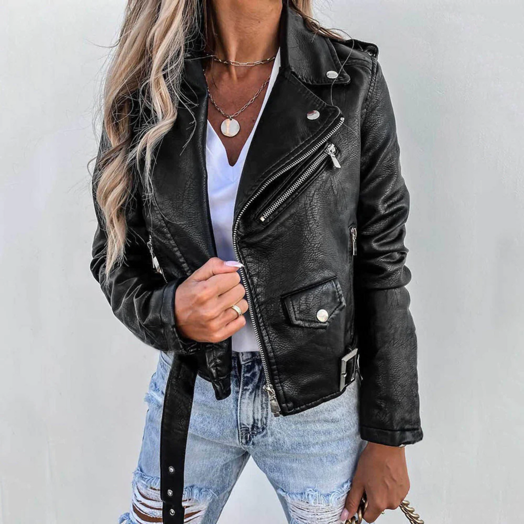 Women's Faux Leather Biker Jacket with Asymmetric Zip and Belt