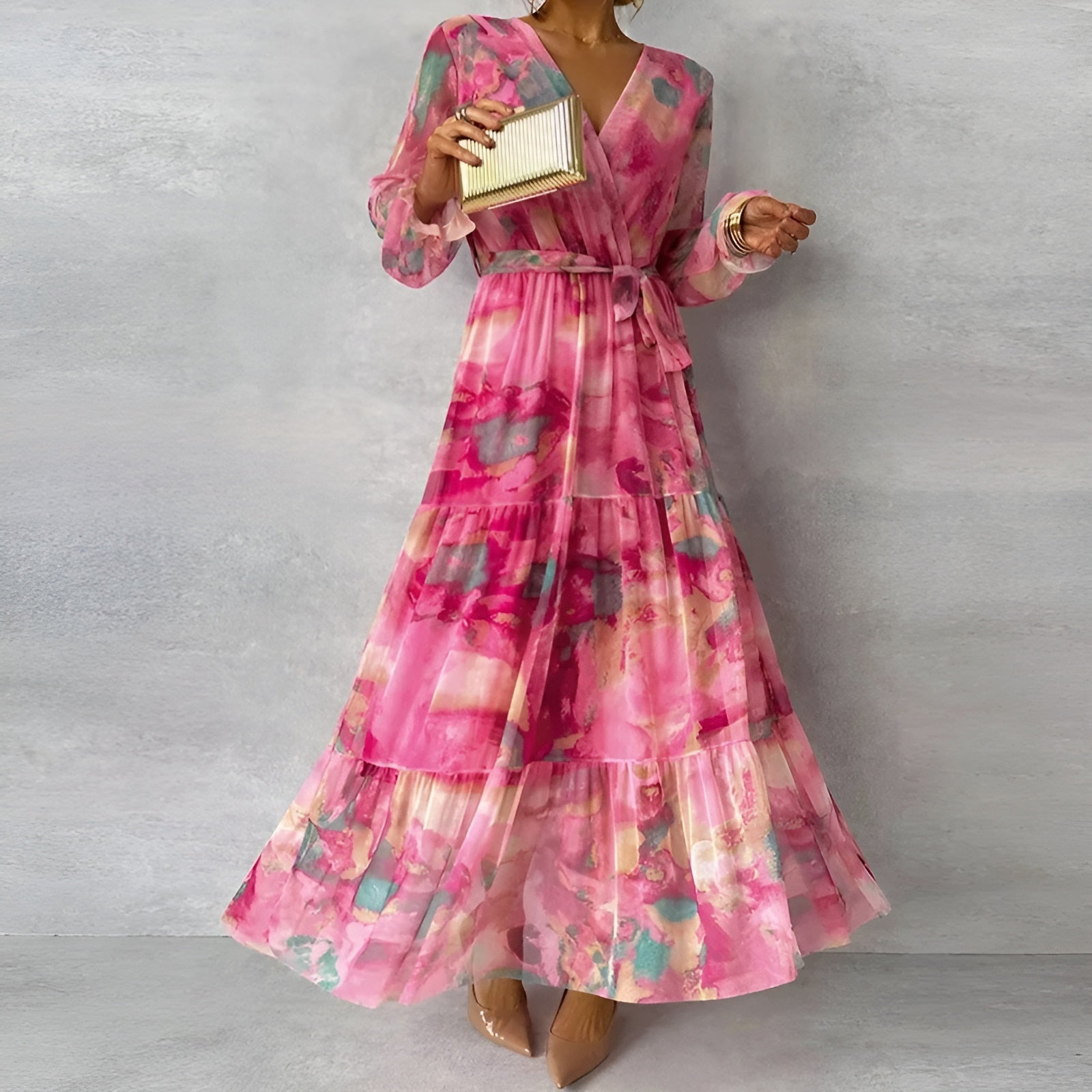 Women's Floral Pleated Autumn Wedding Guest Dress