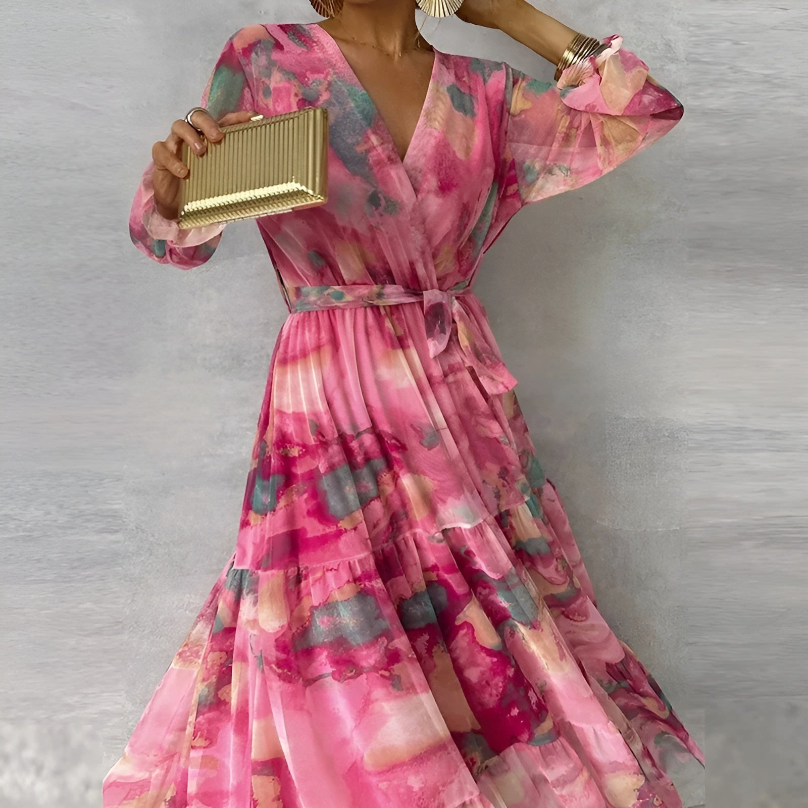Women's Floral Pleated Autumn Wedding Guest Dress