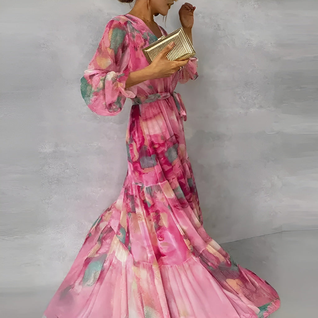 Women's Floral Pleated Autumn Wedding Guest Dress