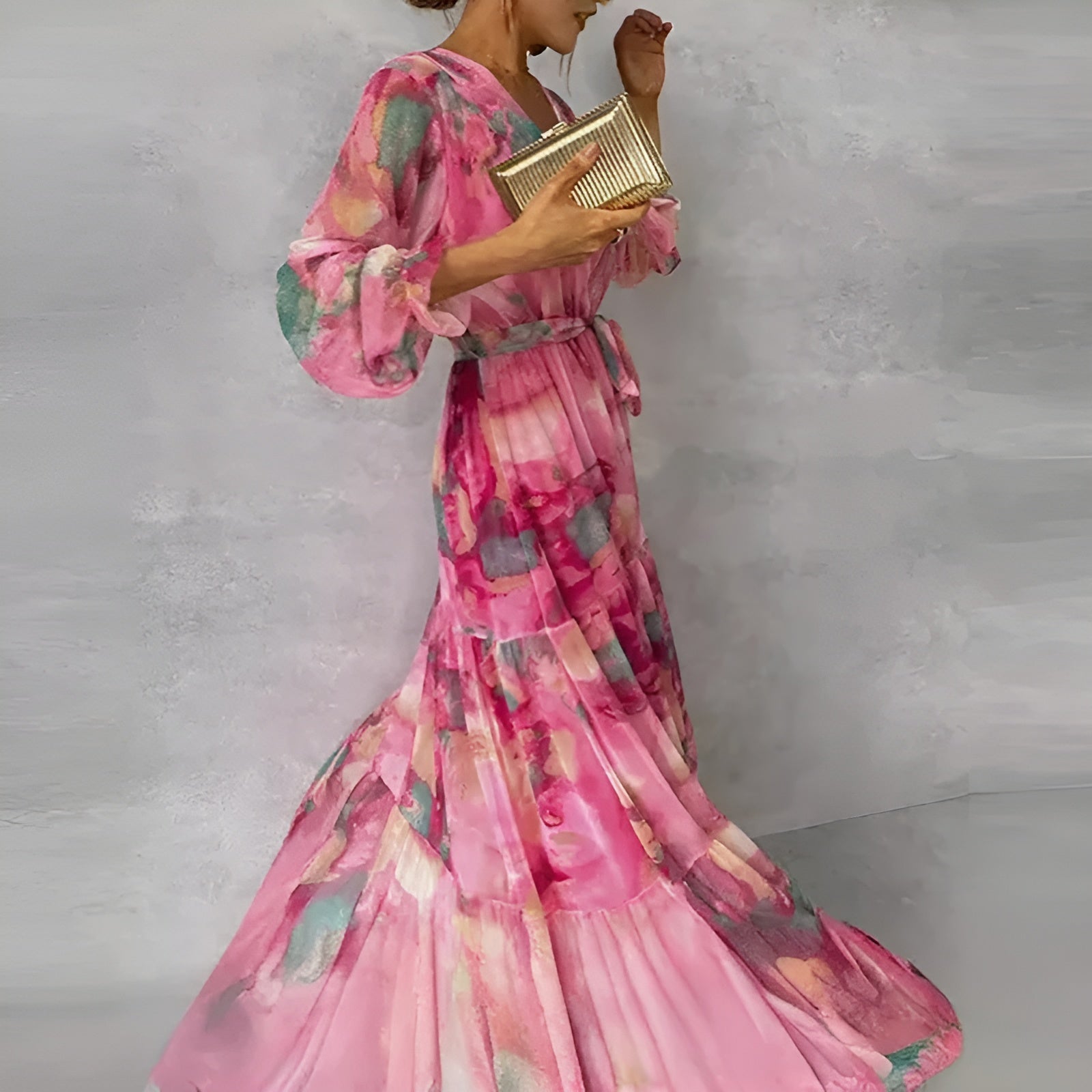 Women's Floral Pleated Autumn Wedding Guest Dress