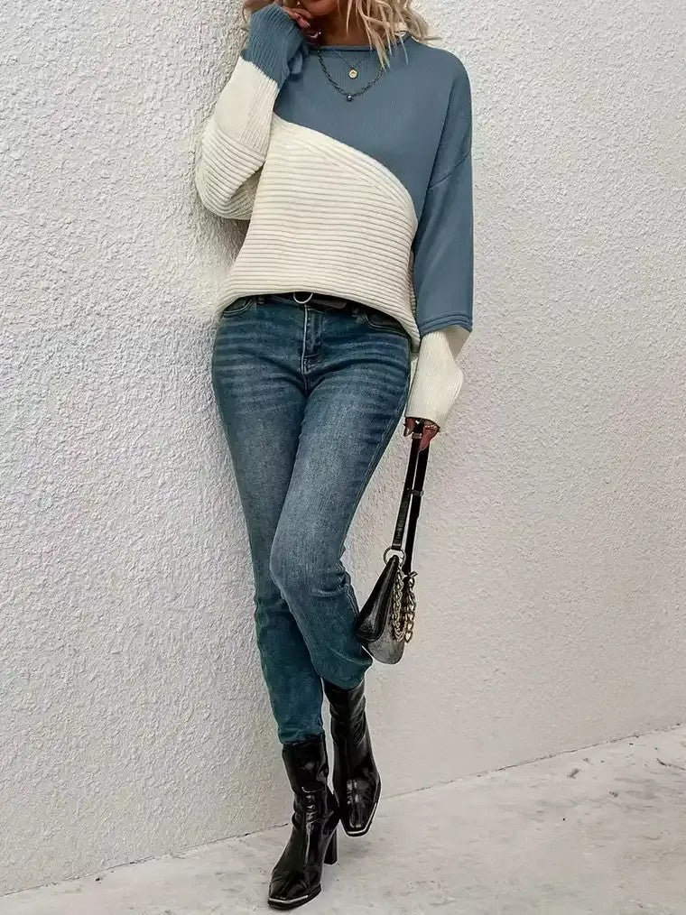 Women's Colour Block Long Sleeve Jumper with Ribbed Texture