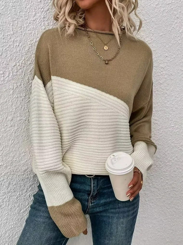 Women's Colour Block Long Sleeve Jumper with Ribbed Texture