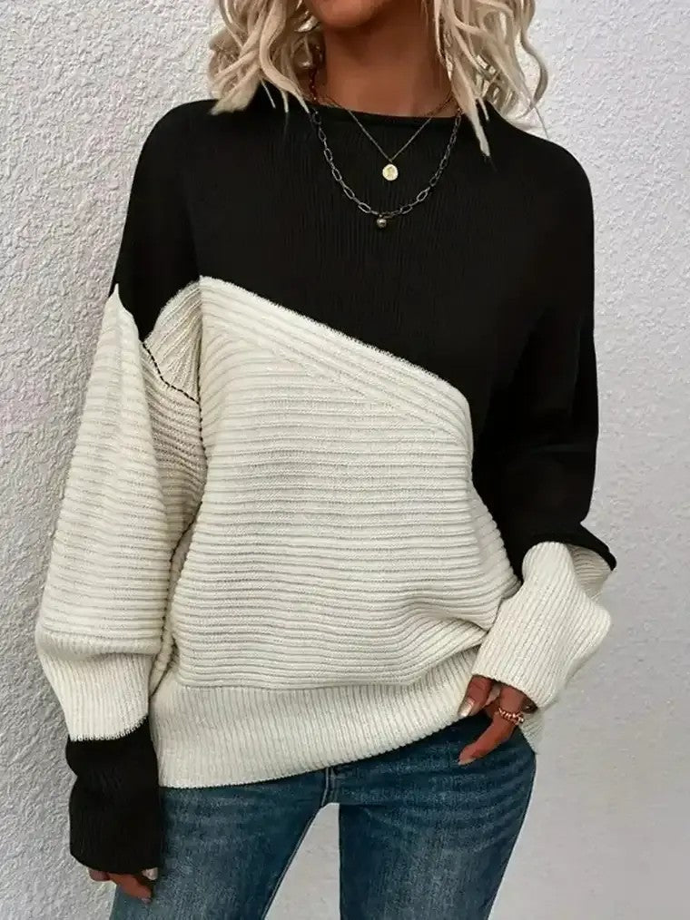 Women's Colour Block Long Sleeve Jumper with Ribbed Texture