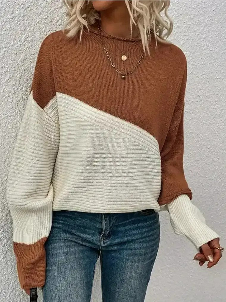 Women's Colour Block Long Sleeve Jumper with Ribbed Texture