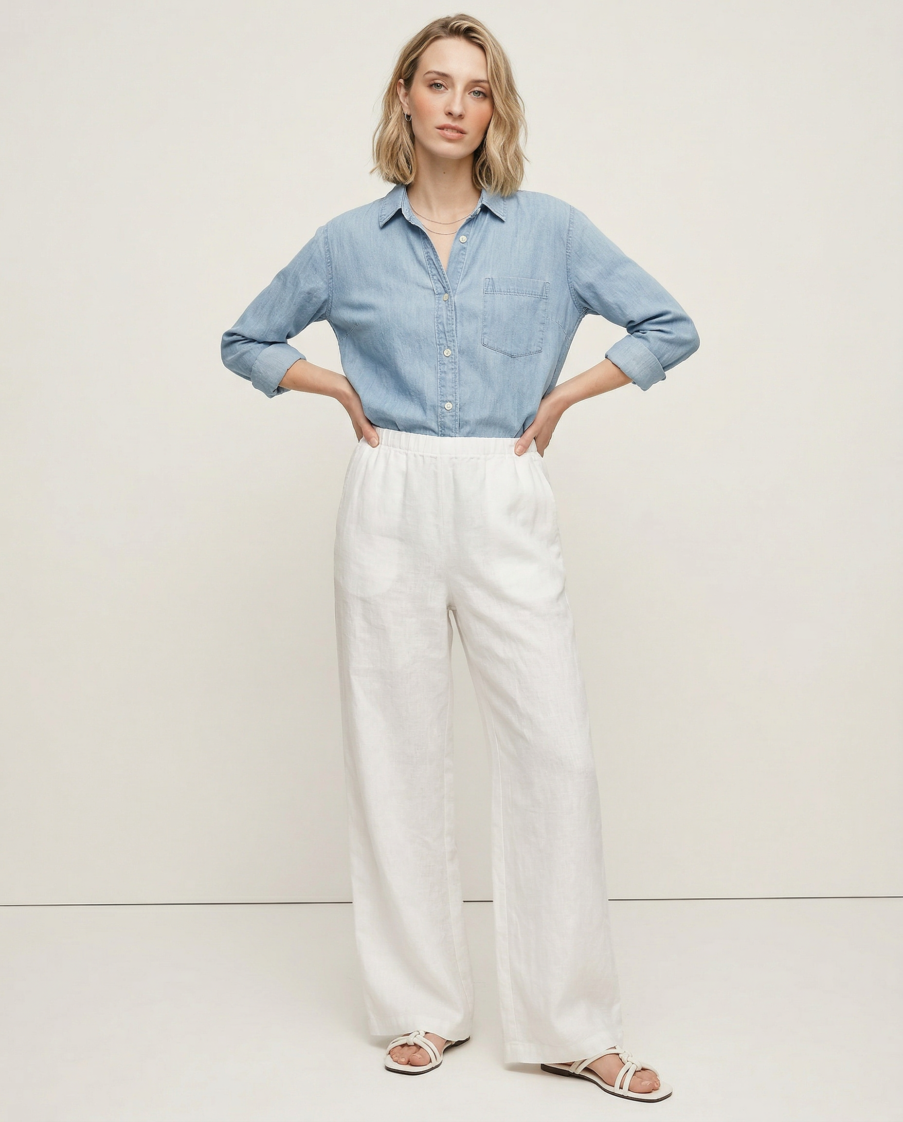 Women's Wide-Leg Linen Trousers with Elastic Drawstring Waist