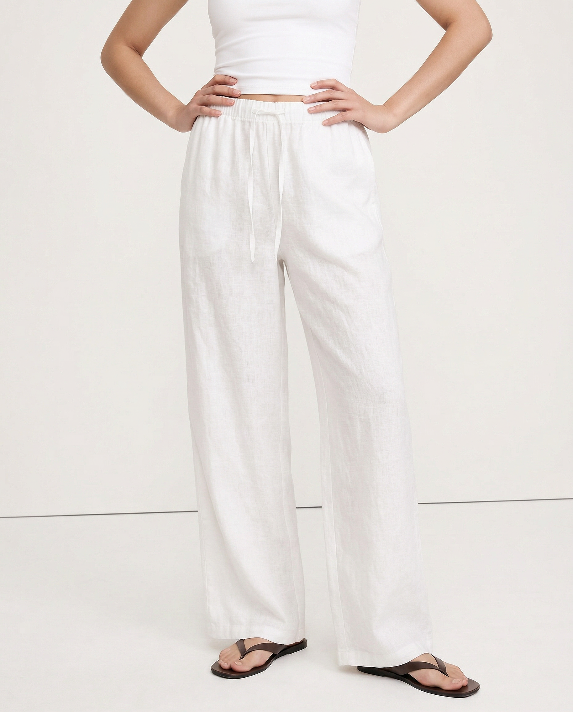 Women's Wide-Leg Linen Trousers with Elastic Drawstring Waist
