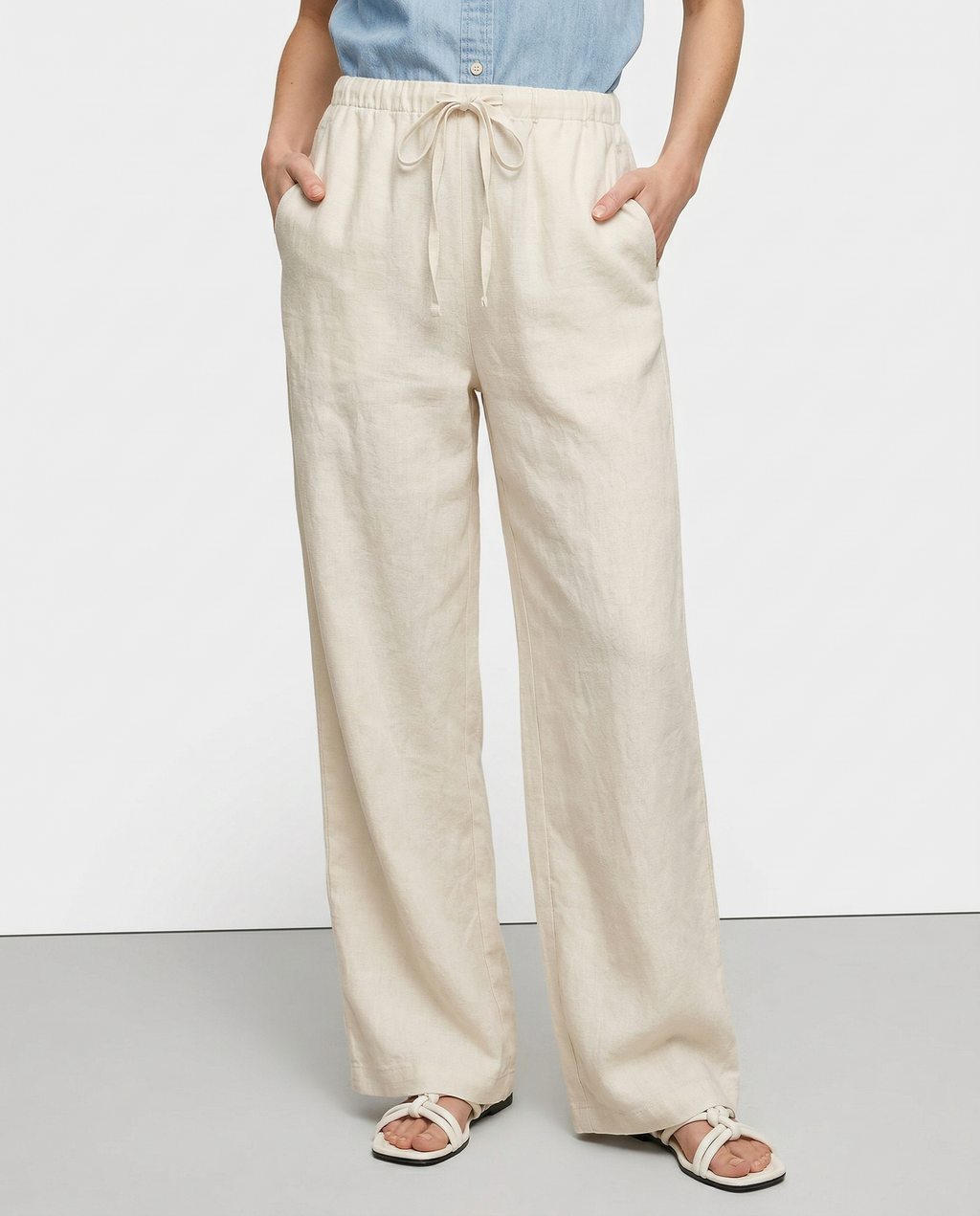 Women's Wide-Leg Linen Trousers with Elastic Drawstring Waist
