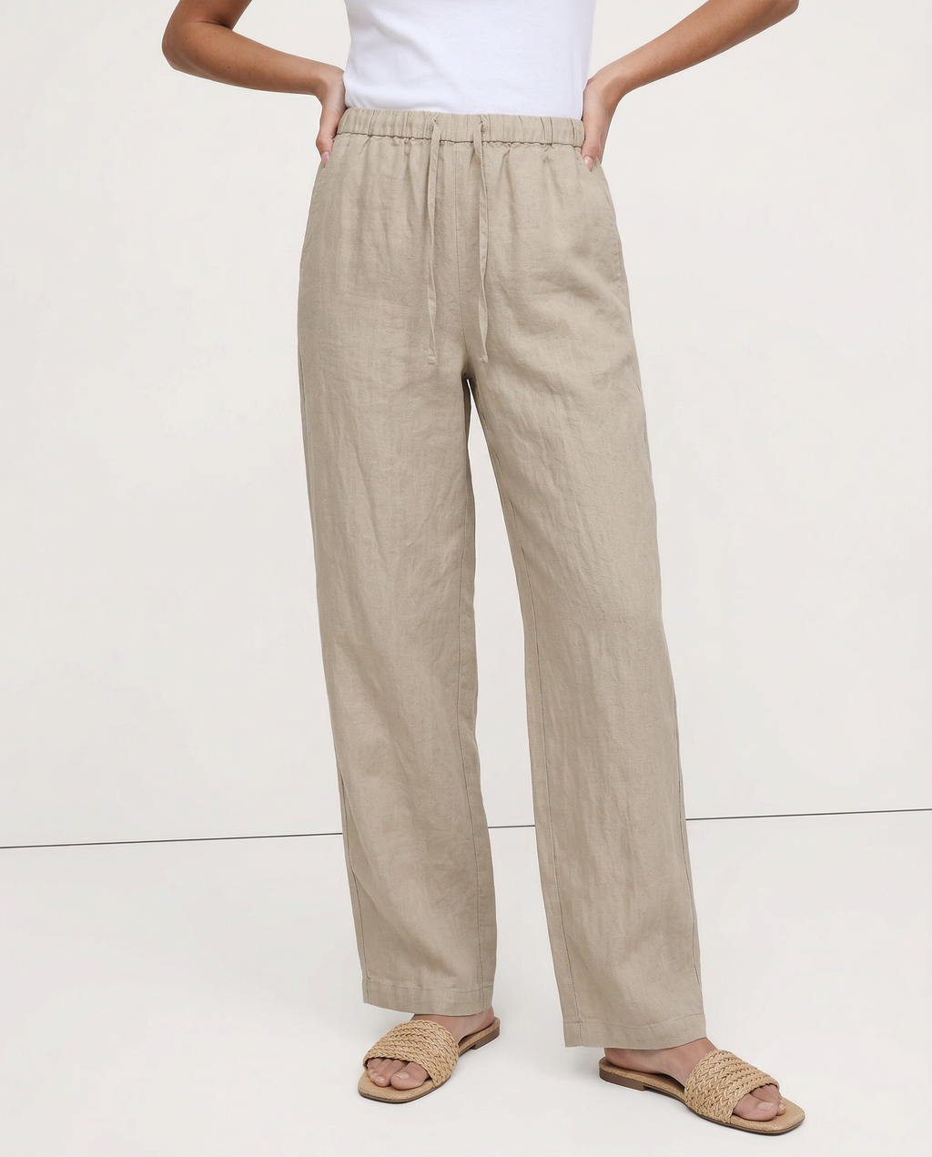 Women's Wide-Leg Linen Trousers with Elastic Drawstring Waist