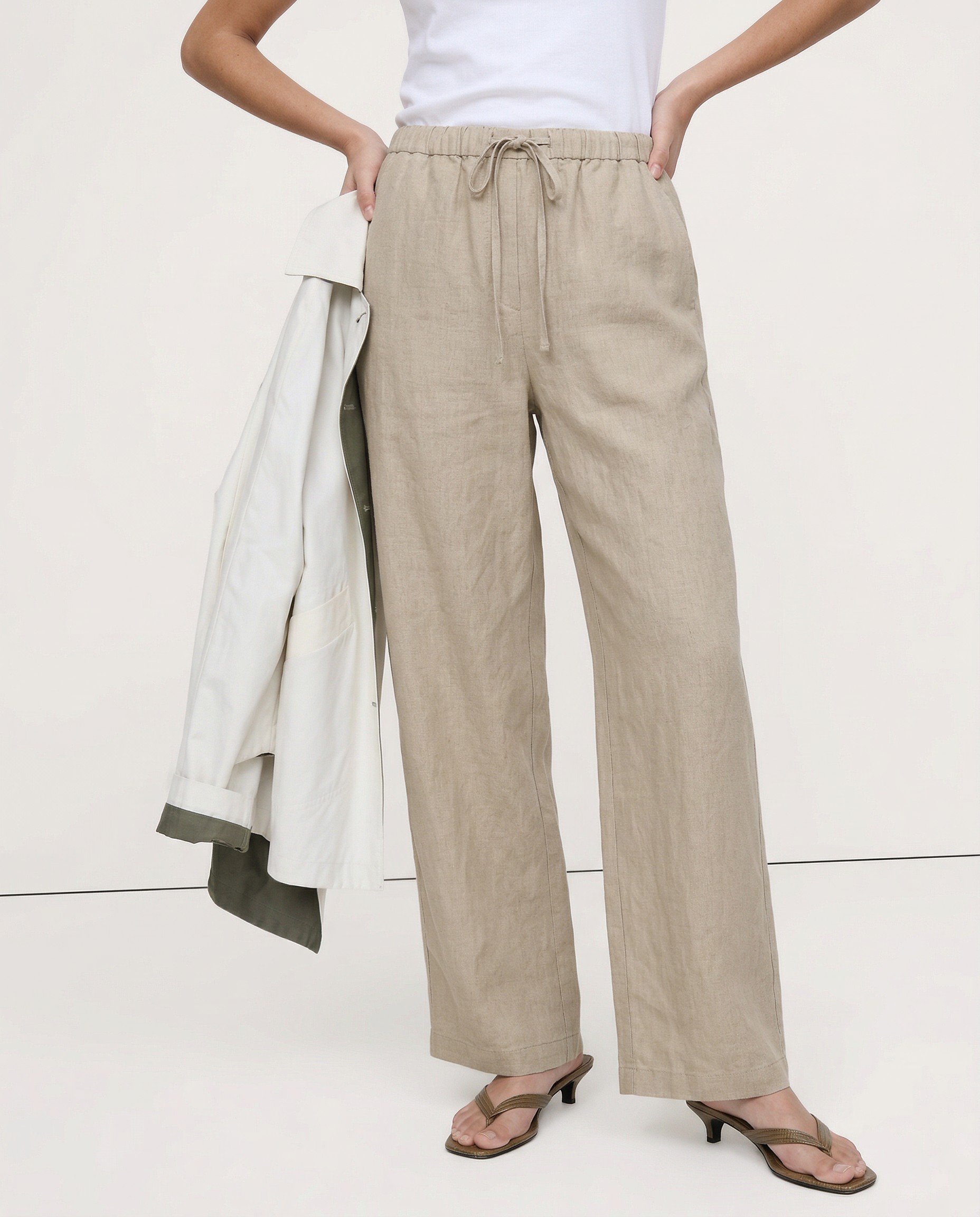 Women's Wide-Leg Linen Trousers with Elastic Drawstring Waist