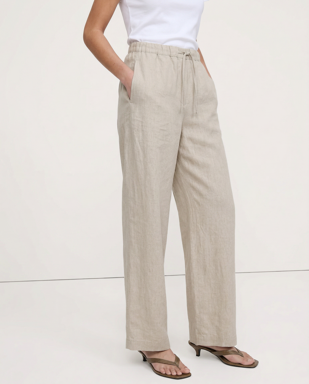 Women's Wide-Leg Linen Trousers with Elastic Drawstring Waist
