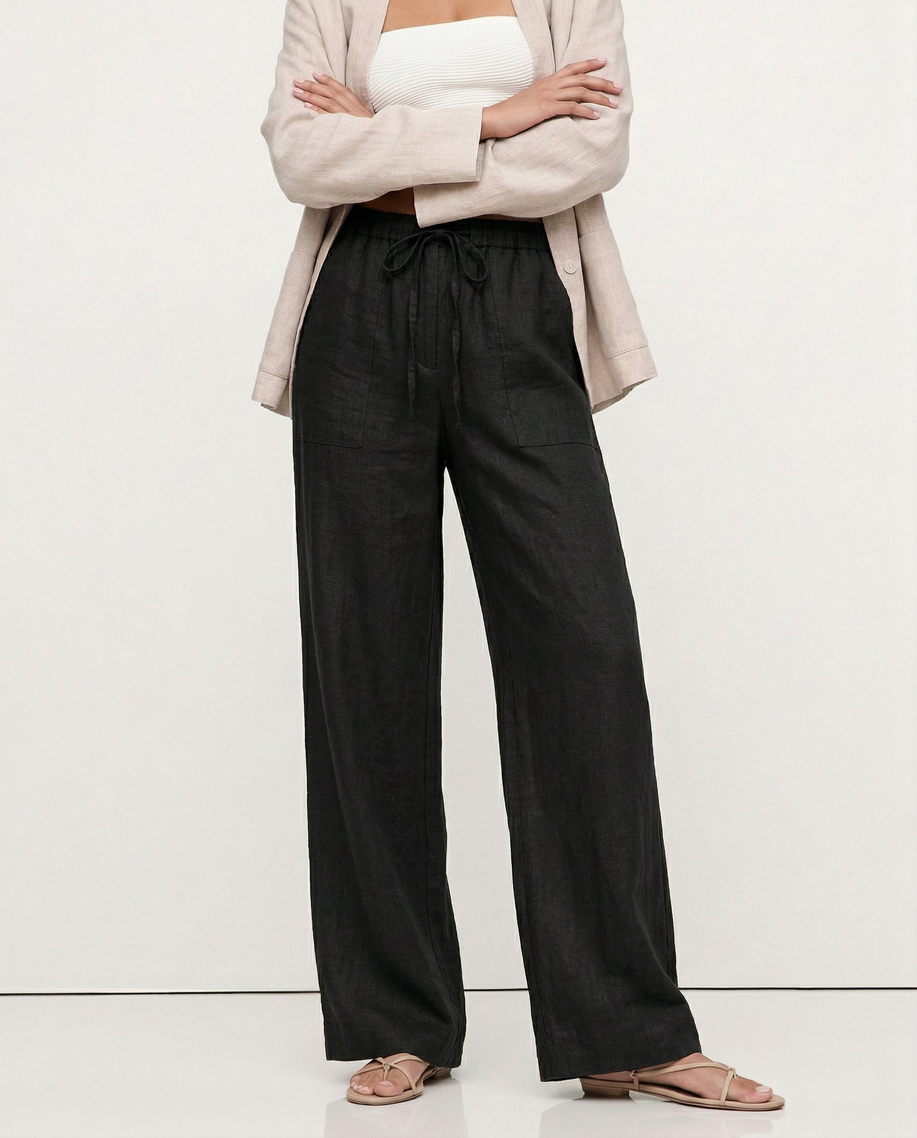 Women's Wide-Leg Linen Trousers with Drawstring Waist and Pockets