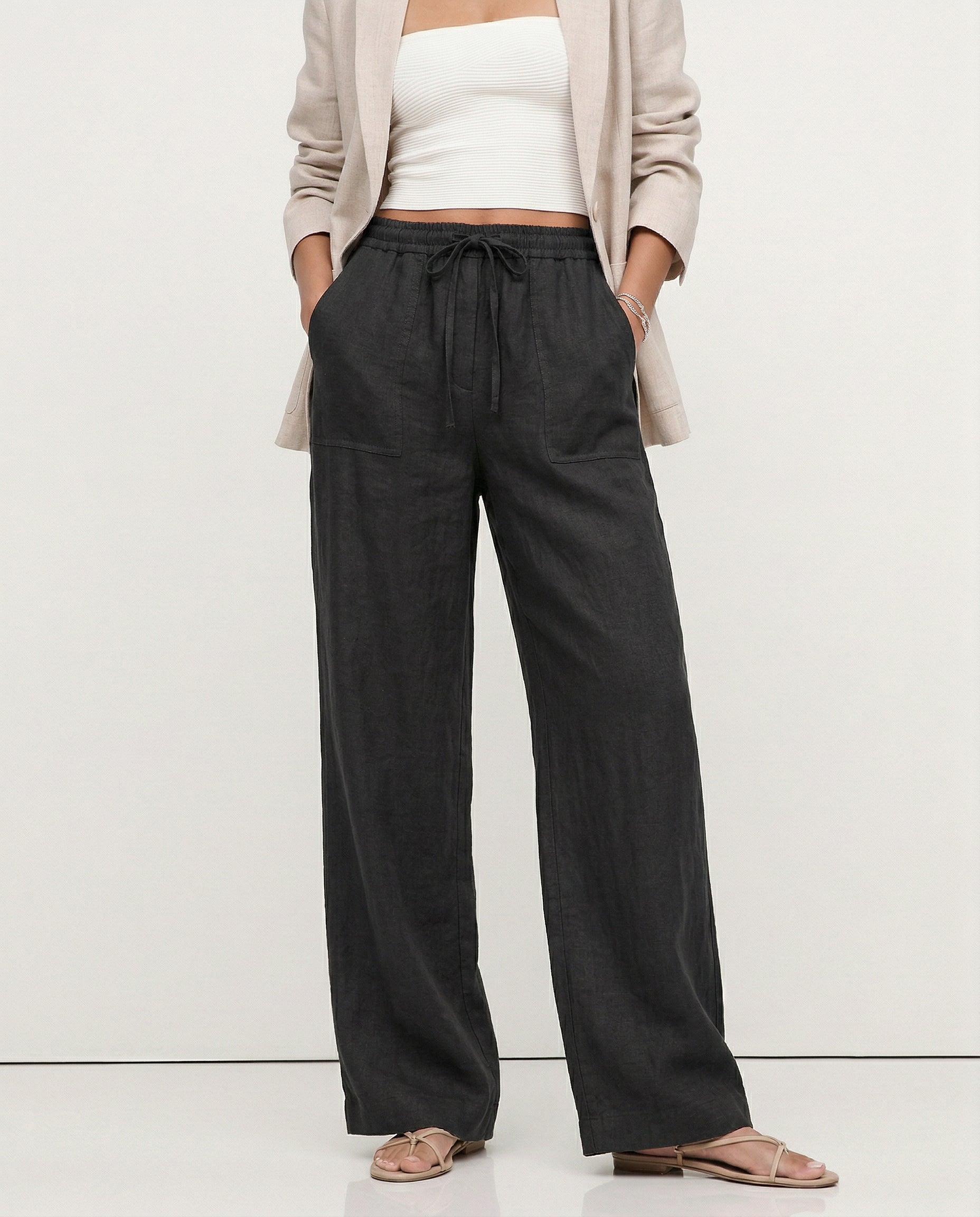 Women's Wide-Leg Linen Trousers with Drawstring Waist and Pockets