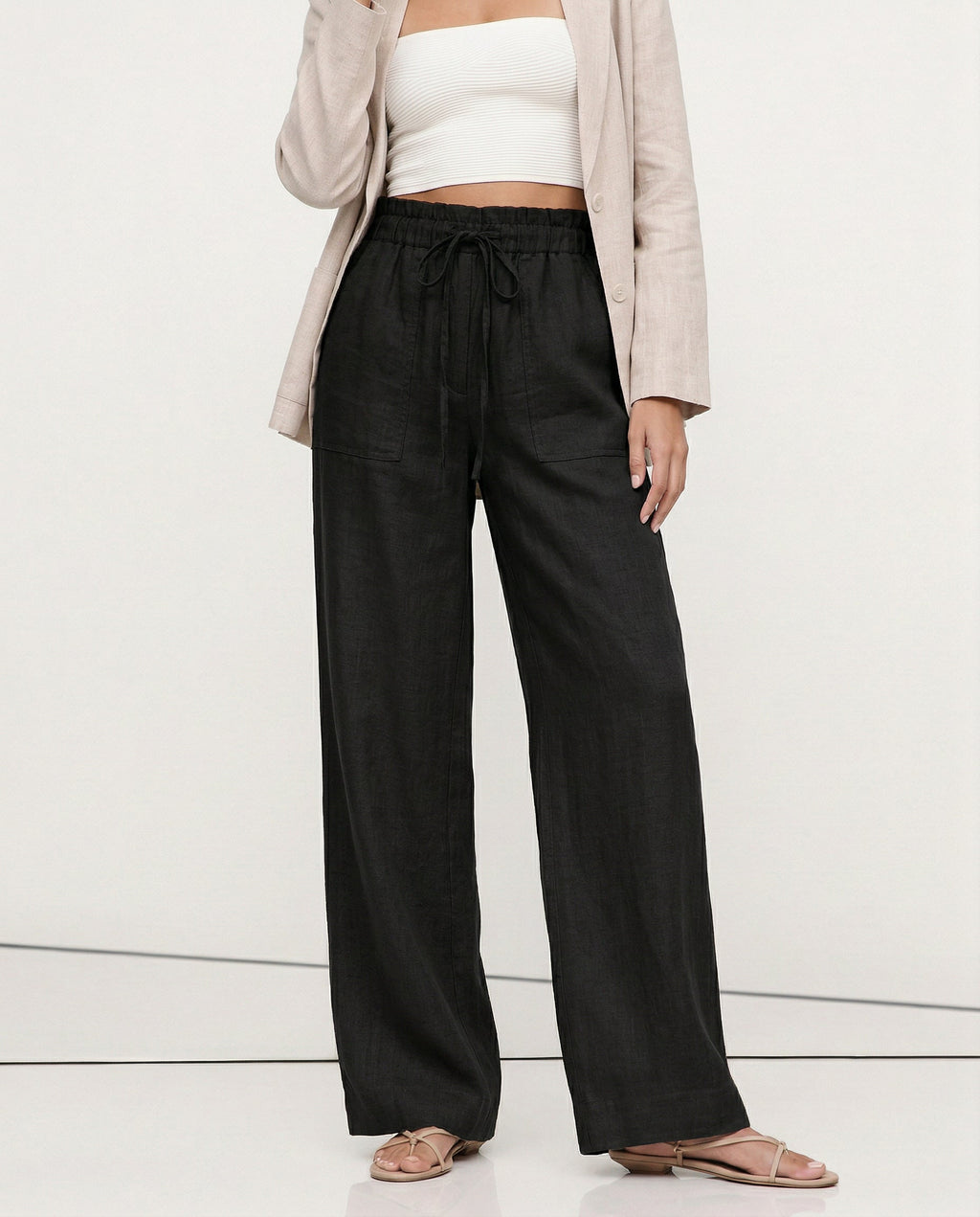 Women's Wide-Leg Linen Trousers with Drawstring Waist and Pockets