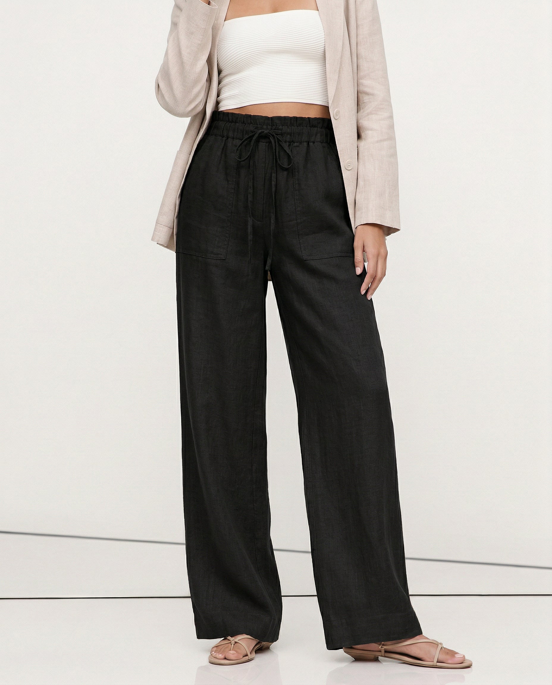 Women's Wide-Leg Linen Trousers with Drawstring Waist and Pockets