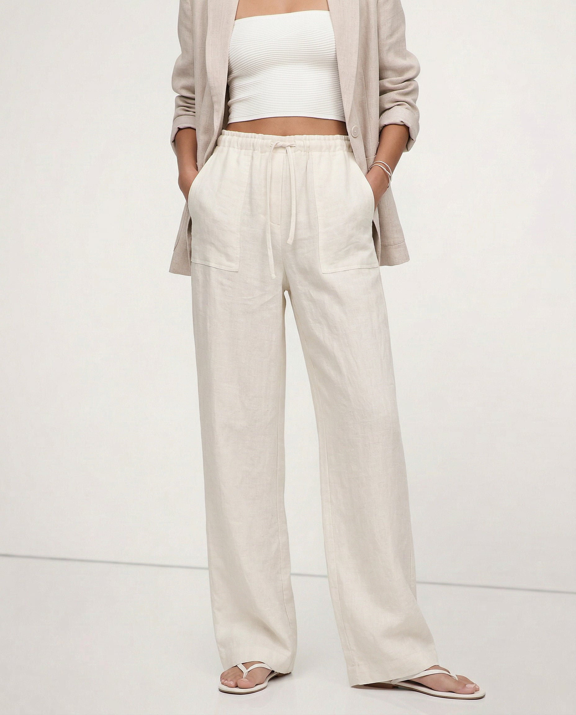 Women's Wide-Leg Linen Trousers with Drawstring Waist and Pockets