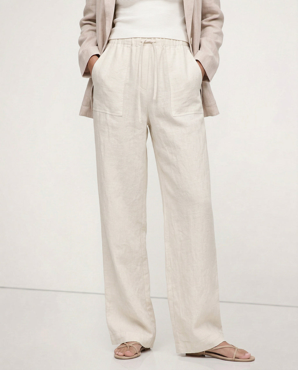 Women's Wide-Leg Linen Trousers with Drawstring Waist and Pockets
