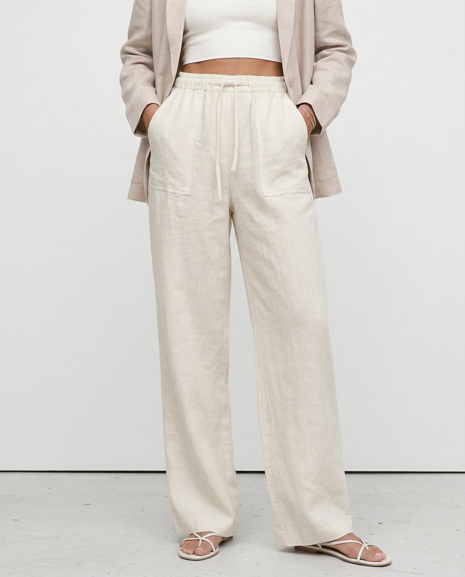 Women's Wide-Leg Linen Trousers with Drawstring Waist and Pockets