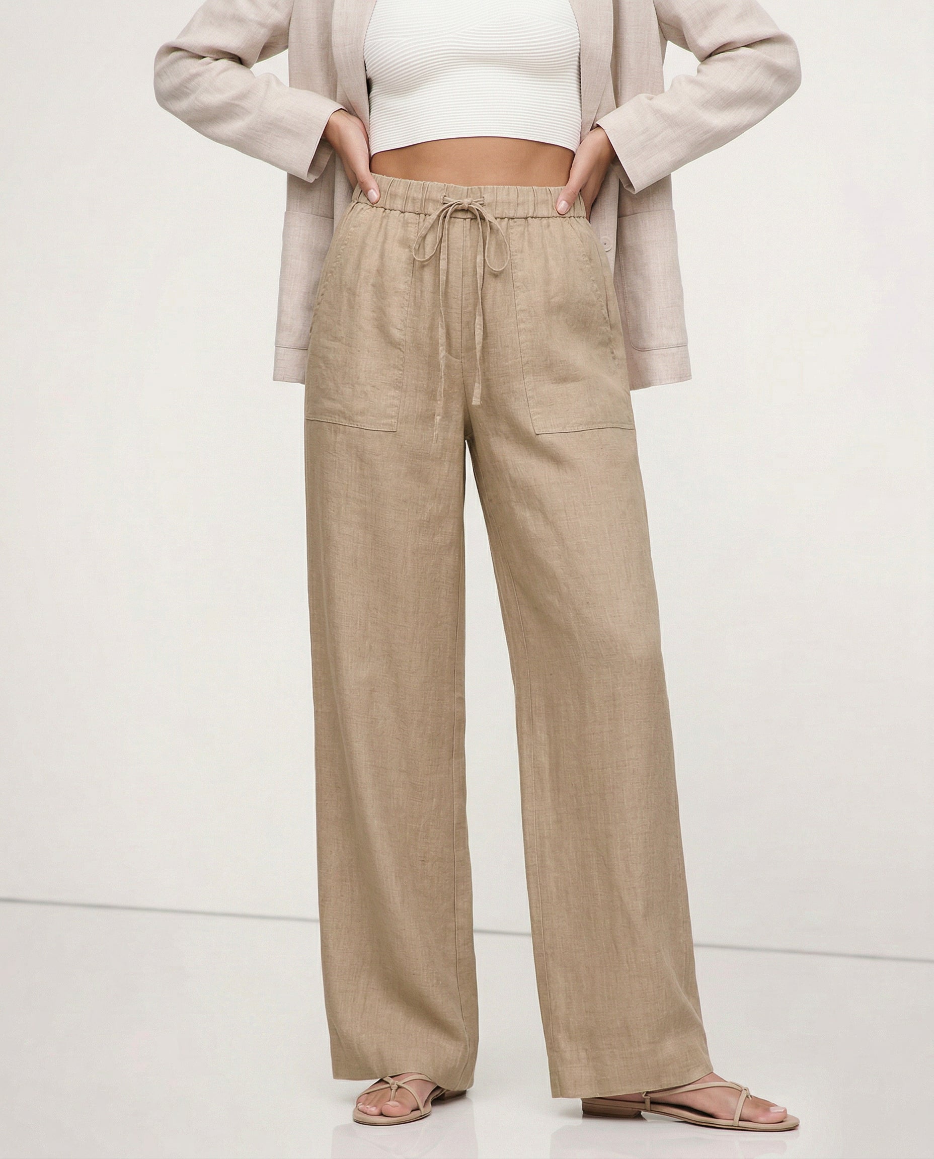 Women's Wide-Leg Linen Trousers with Drawstring Waist and Pockets