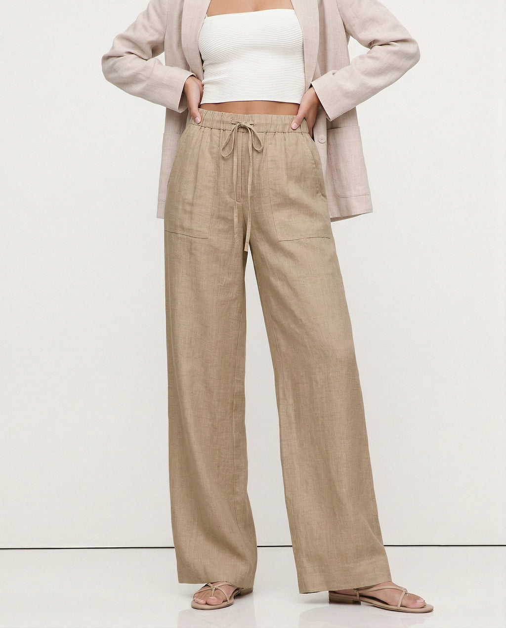 Women's Wide-Leg Linen Trousers with Drawstring Waist and Pockets