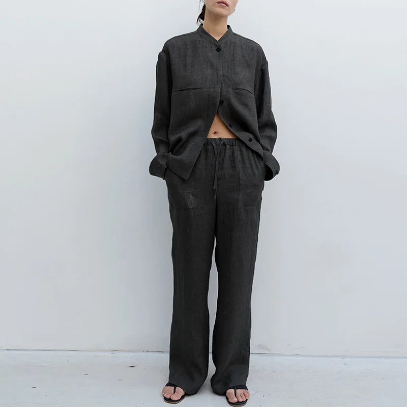 Women's Wide-Leg Linen Trousers with Drawstring Waist and Pockets