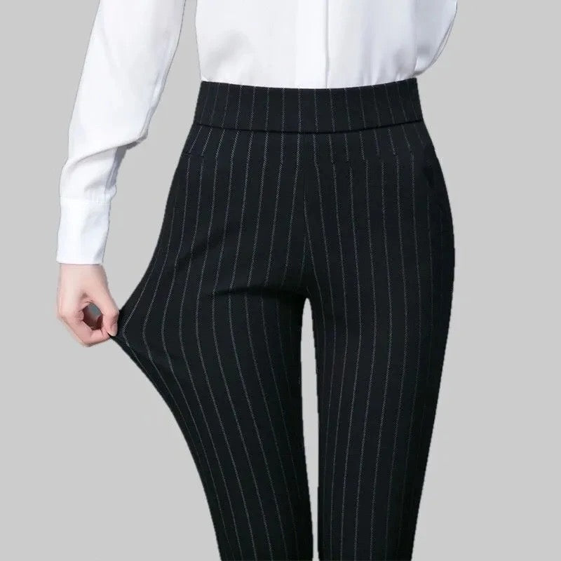Women's High-Waisted Skinny Striped Stretch Work Trousers