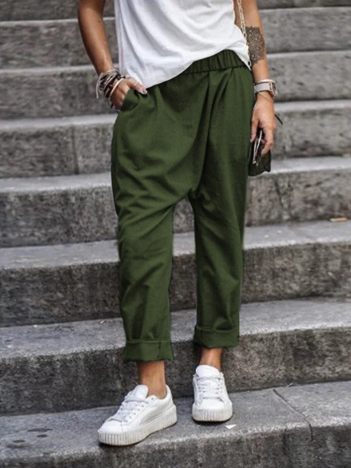 Women's Wide-Leg Cropped Trousers with Elastic Waist and Pleat