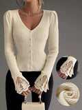 Women's Ribbed Knit Top with Floral Lace Trim and V-Neck