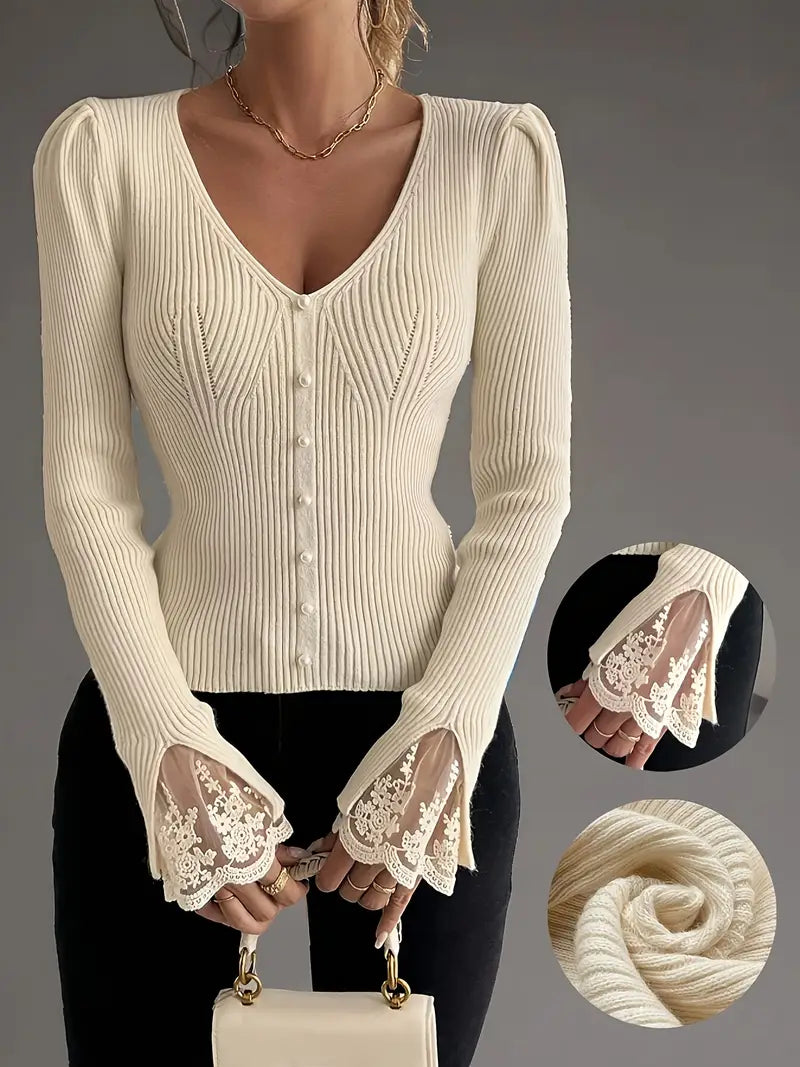 Women's Ribbed Knit Top with Floral Lace Trim and V-Neck