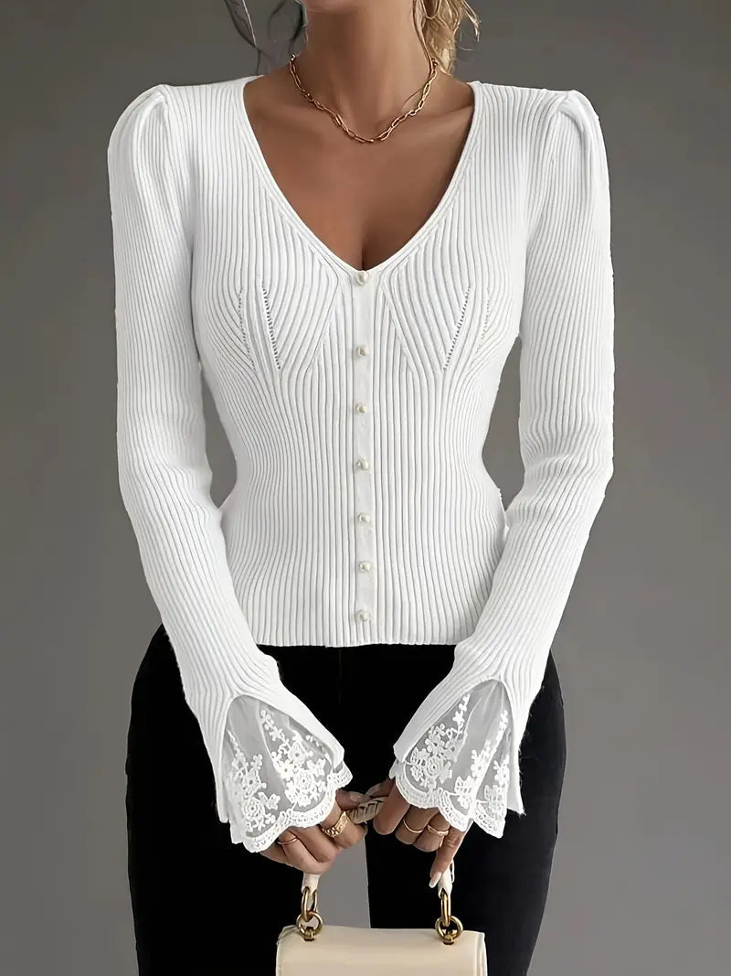 Women's Ribbed Knit Top with Floral Lace Trim and V-Neck
