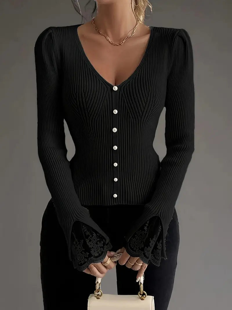 Women's Ribbed Knit Top with Floral Lace Trim and V-Neck