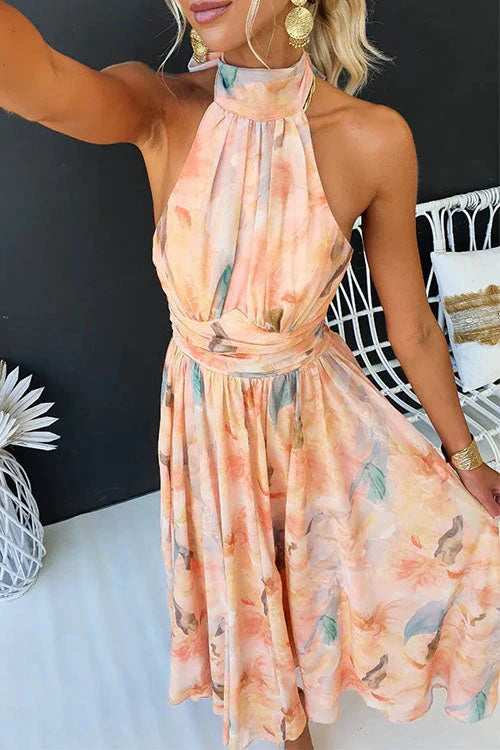 Long Watercolour Print Autumn Wedding Guest Maxi Dress with Open Back