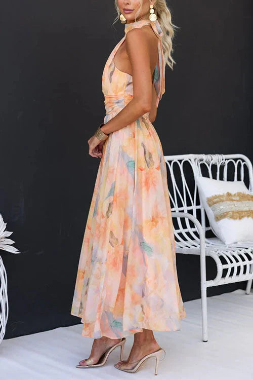 Long Watercolour Print Autumn Wedding Guest Maxi Dress with Open Back