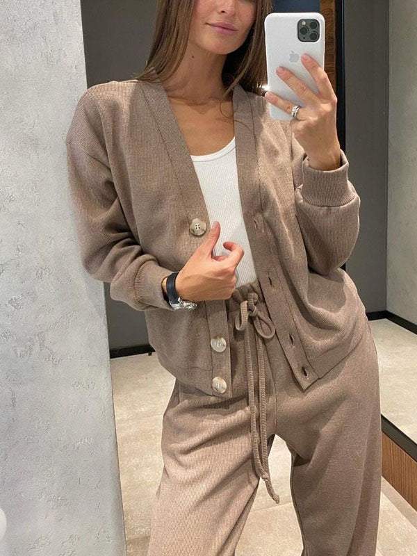 Women's Knitted Wide-Leg Co-ord Set with Button Cardigan and Joggers