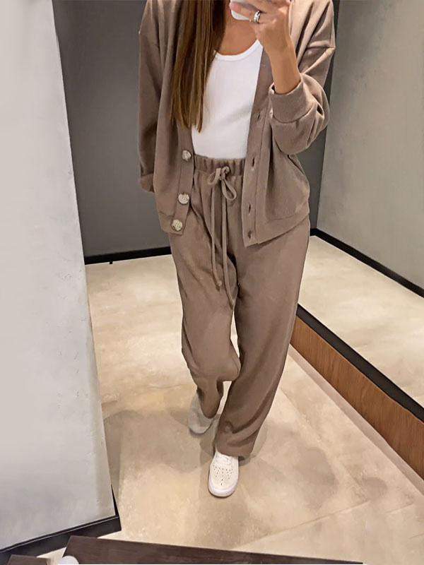 Women's Knitted Wide-Leg Co-ord Set with Button Cardigan and Joggers