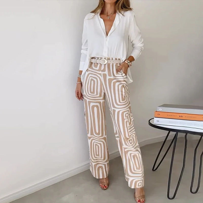 Women's High-Waisted Wide-Leg Trouser Set with Belt and Pockets