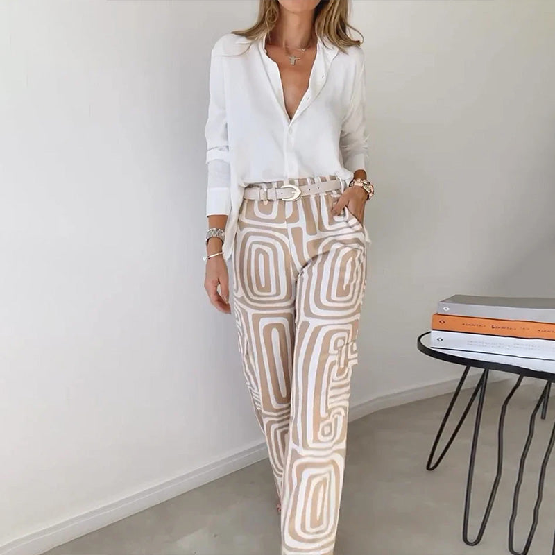 Women's High-Waisted Wide-Leg Trouser Set with Belt and Pockets