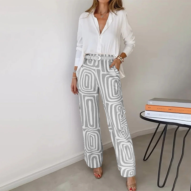 Women's High-Waisted Wide-Leg Trouser Set with Belt and Pockets