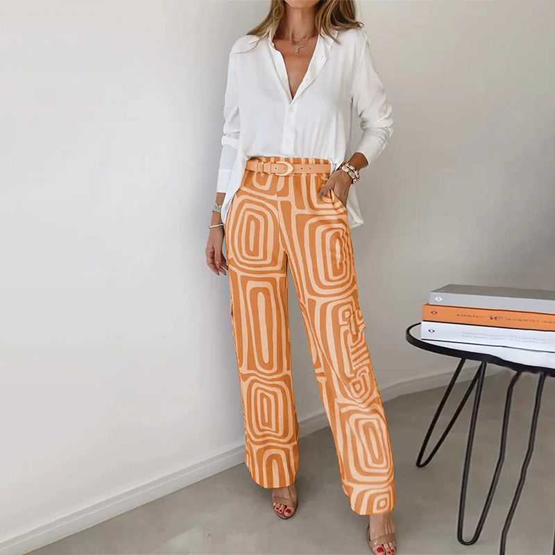 Women's High-Waisted Wide-Leg Trouser Set with Belt and Pockets