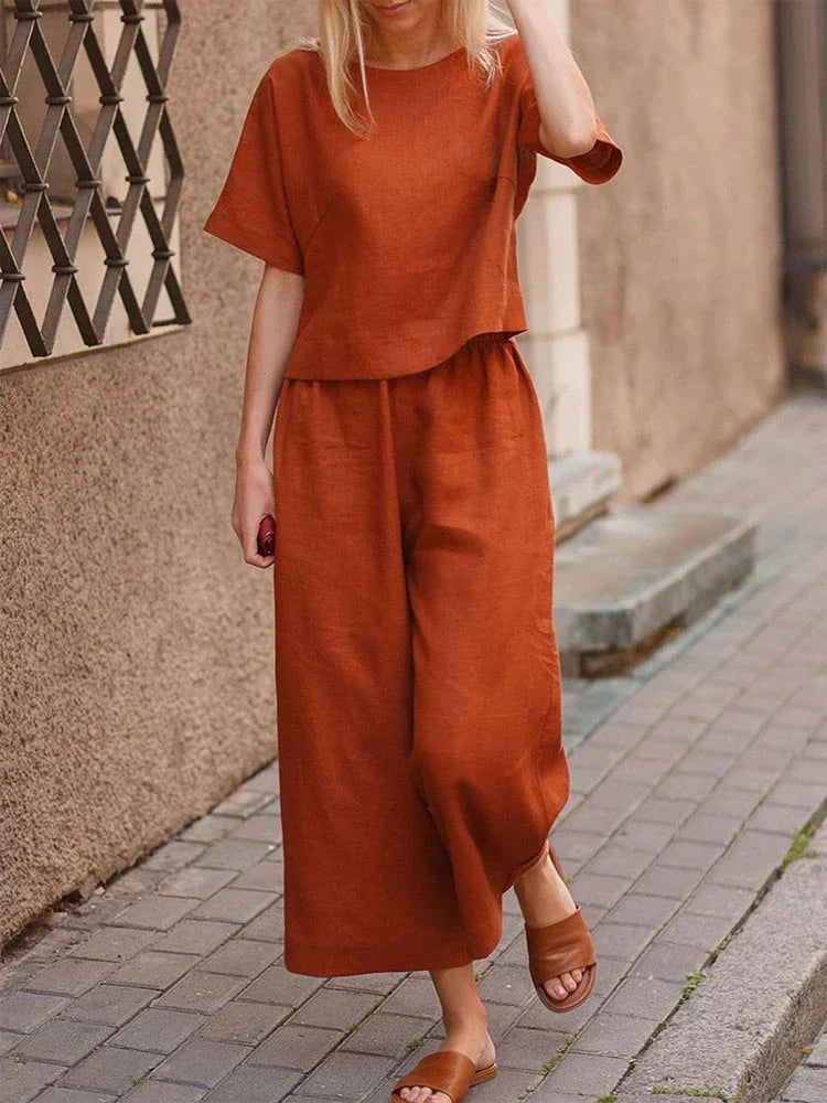 Women's Wide-Leg Co-Ord Set with Short-Sleeve Top and Elastic Waist