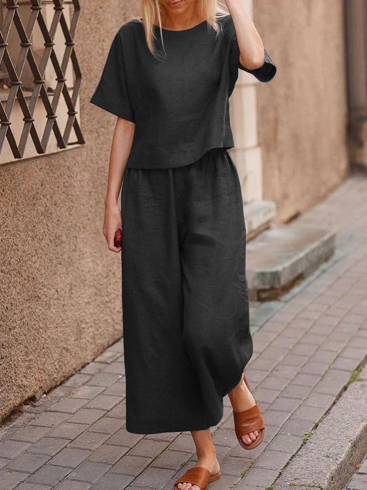 Women's Wide-Leg Co-Ord Set with Short-Sleeve Top and Elastic Waist