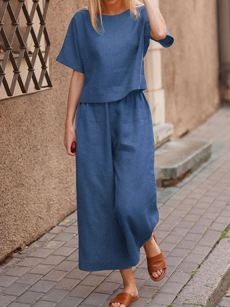 Women's Wide-Leg Co-Ord Set with Short-Sleeve Top and Elastic Waist