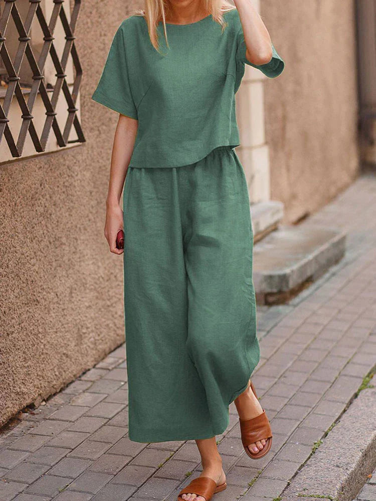 Women's Wide-Leg Co-Ord Set with Short-Sleeve Top and Elastic Waist