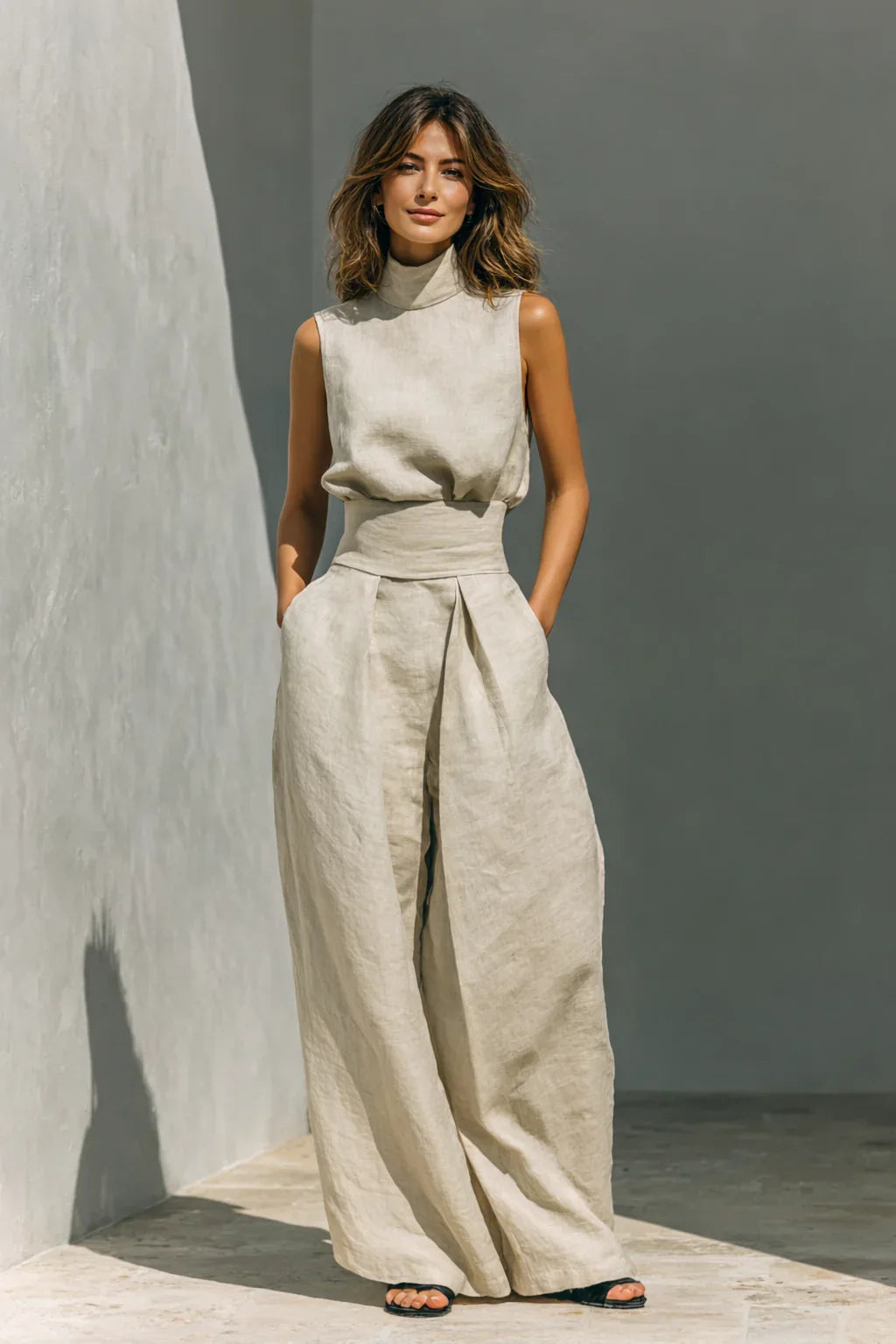Women's High-Neck Wide-Leg Co-Ord Set with Pleated Waist