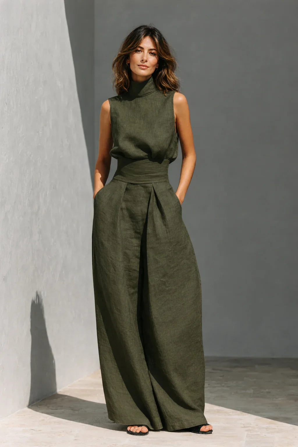 Women's High-Neck Wide-Leg Co-Ord Set with Pleated Waist