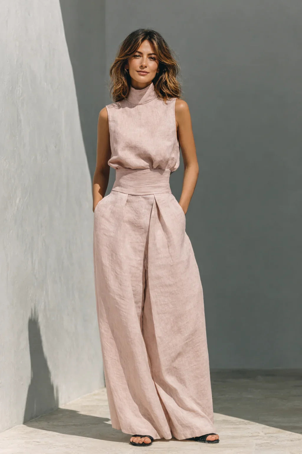 Women's High-Neck Wide-Leg Co-Ord Set with Pleated Waist
