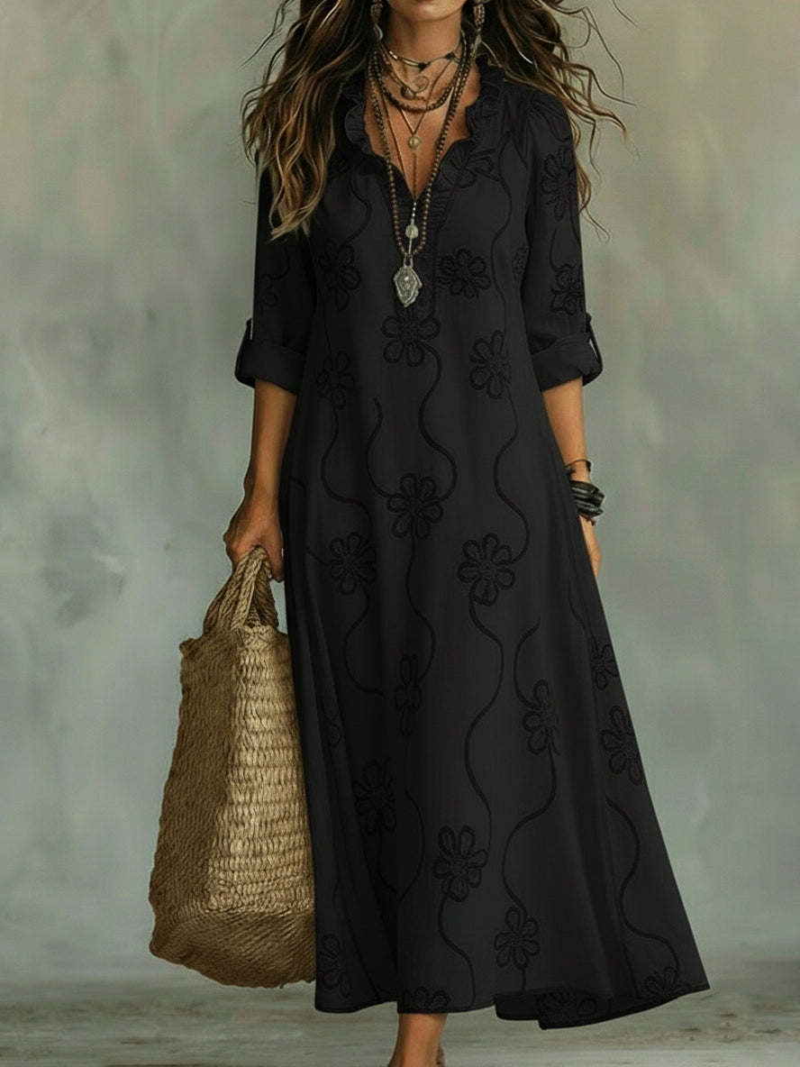 Women's Long Floral Embroidered Autumn Wedding Guest Dress