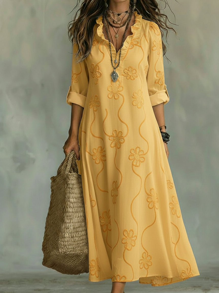 Women's Long Floral Embroidered Autumn Wedding Guest Dress