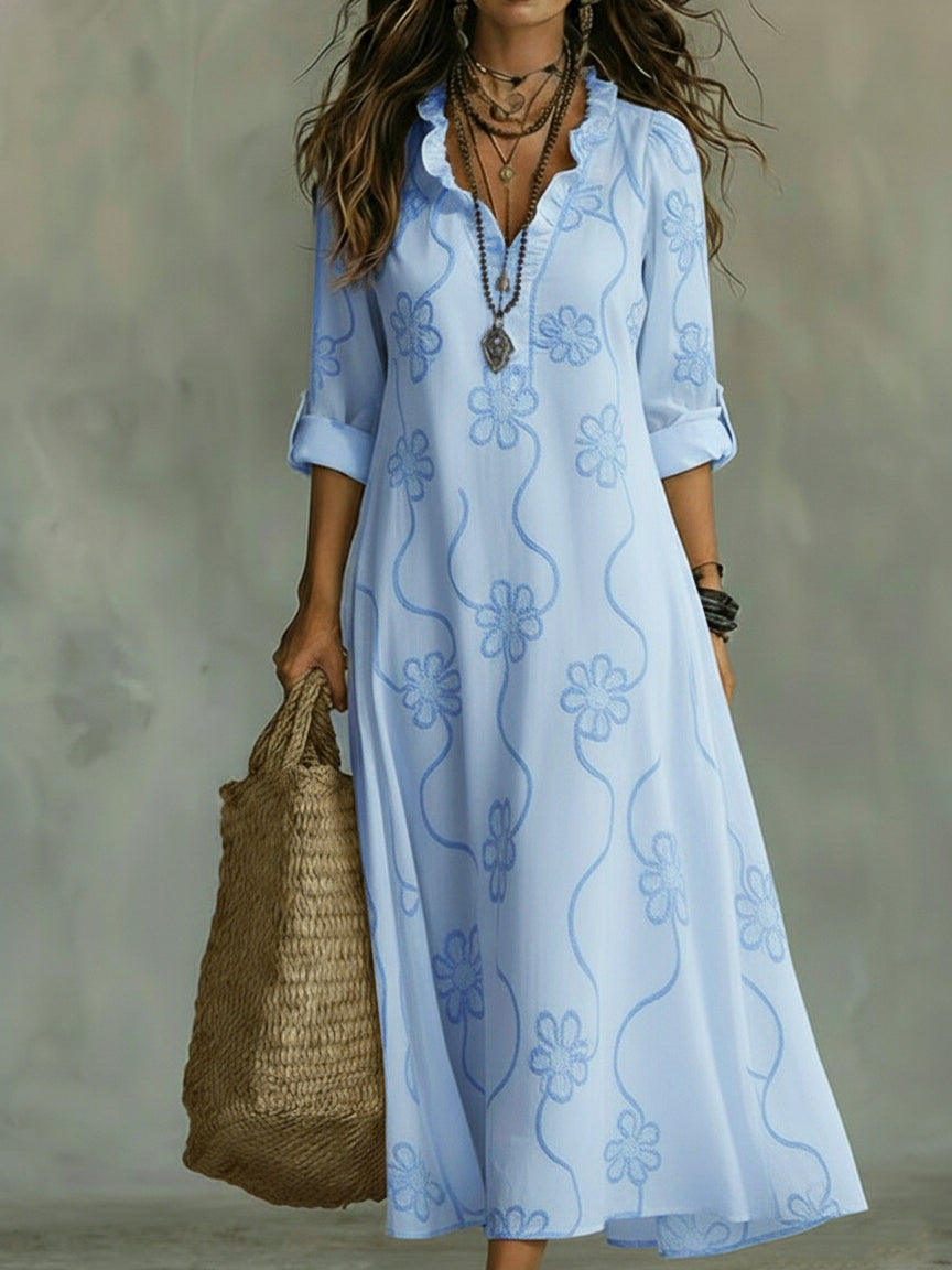 Women's Long Floral Embroidered Autumn Wedding Guest Dress