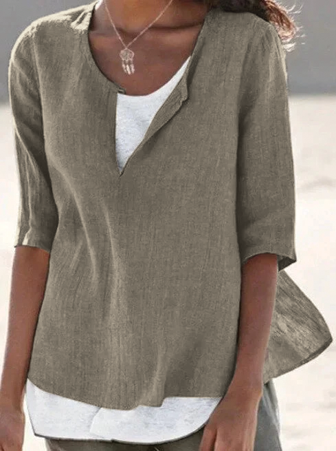 Women's 3/4 Sleeve V-Neck Blouse with Asymmetric Hem